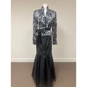 Cache Luxe Women's Luxury Paisley Blazer Black Mermaid Skirt Ribbon Belt Size 10